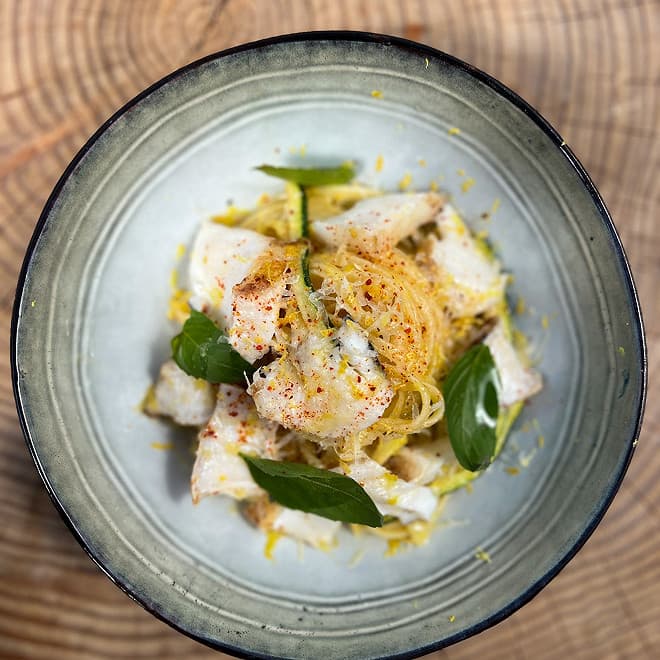 Poisson blanc confit au beurre d'agrumes, linguine de Cyril Lignac